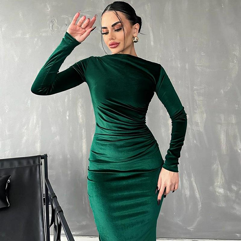 Women's Spring Solid Color Slim Pleated Round Neck Long Sleeve Dresses