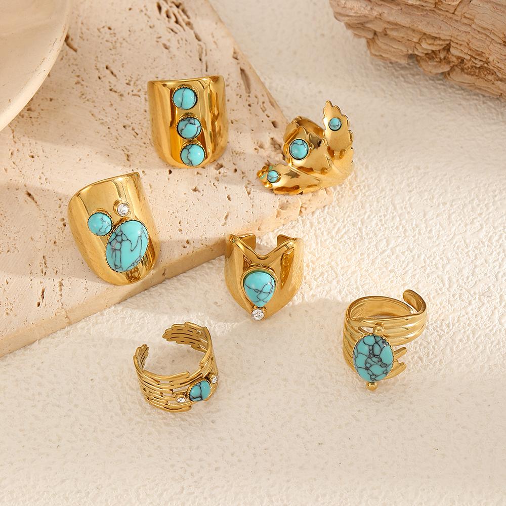 Vintage Natural Stone Geometric Gold Plated Stainless Steel Ring Trendy Fashion Jewelry Accessories Dainty Gifts