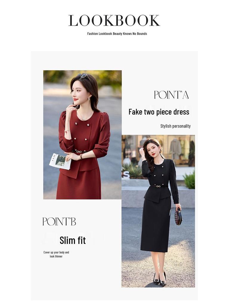 2025 Spring/Summer Women's Elegant Double-Breasted Two-Piece Mid-Length Dress JX2512