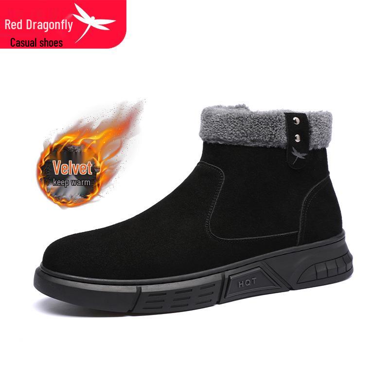 Red Dragonfly Men s High-Top Leather Shoes - Casual, Flat, Winter Warm Velvet-Lined. 40