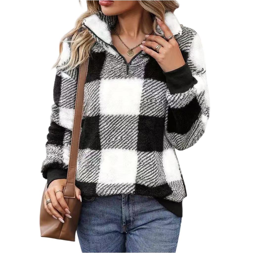 Women's Fashion Casual V-neck Zipper Solid Color Long Sleeve Pullover Top