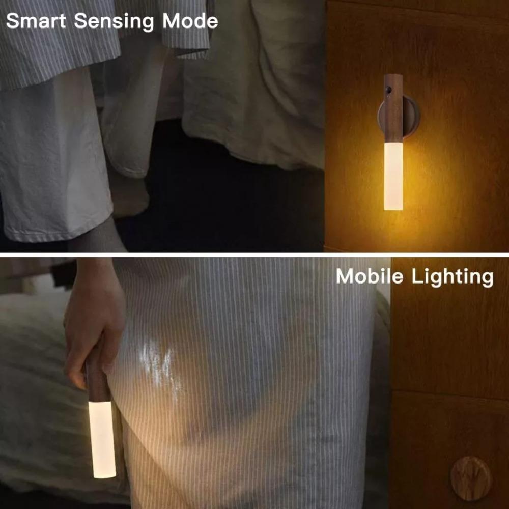 Auto LED Night Light Magnetic Wooden Multifunctional Smart Motion Sensor USB Rechargeable TYPE-C Wireless Closet Wardrobe Lamp