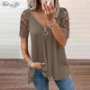 Ladies Short Sleeve Tops V Neck Zipper Shirt Ladies Hollow Solid Color Loose T Shirt Big Size Cotton Shirt
