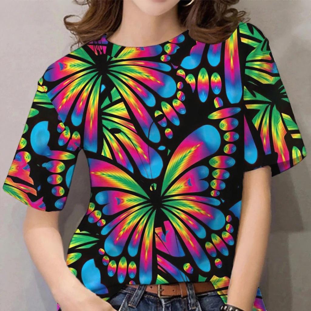 Summer Round Neck Butterfly Pattern 3D Print Top Fashionable Casual Short Sleeved Women's T-shirts