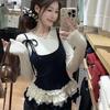 2KWEIRD Korean Woman T Shirts Fake Two Chic Tees Long Sleeve O-neck Ruffles Sweet Camisetas Bandage Casual Y2k T-shirts