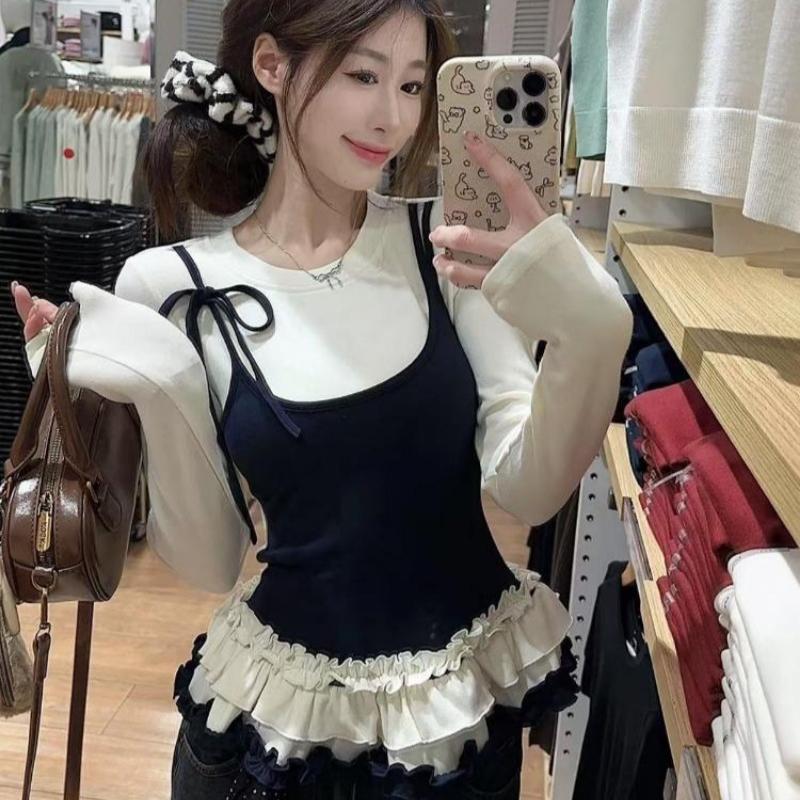 2KWEIRD Korean Woman T Shirts Fake Two Chic Tees Long Sleeve O-neck Ruffles Sweet Camisetas Bandage Casual Y2k T-shirts