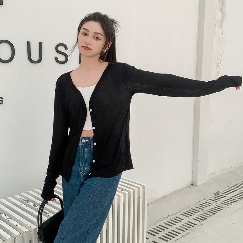 

Кардиган из тенселя, корейский трикотажный топ с V-образным вырезом, однотонный, летний, для кондиционирования воздуха, с длинным рукавом, базовый слой, женский, облегающий One Size чёрный