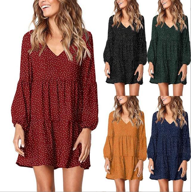 

European-Style Women s Fashion V-Neck Long Sleeve Polka Dot Ruffle Dress L