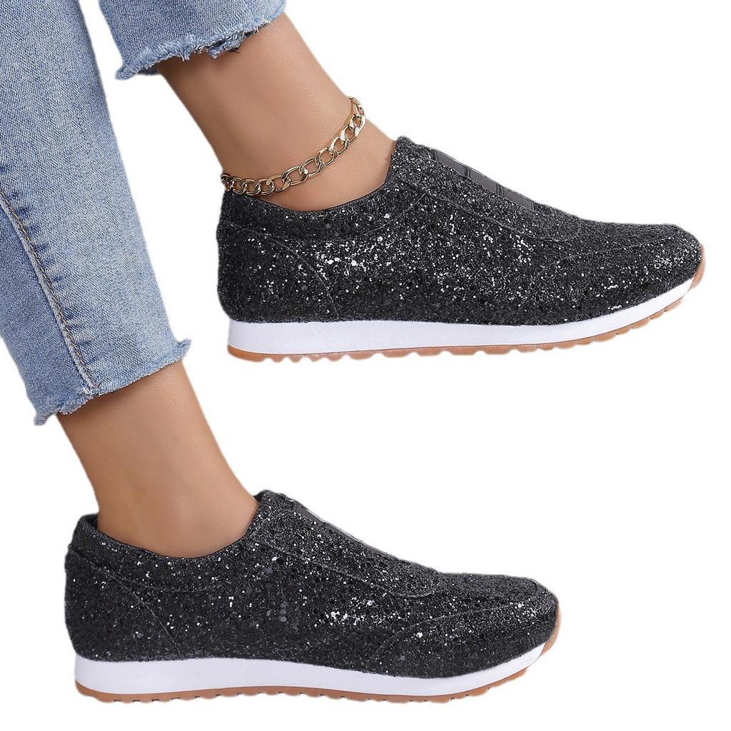 European and American Large-size Spring and Autumn New Sequined Sports and Leisure Women's Shoes Round Head Elastic Band Flat-soled Sports Shoes