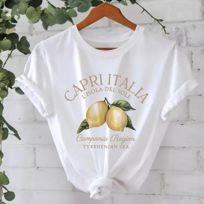 T-shirt da donna a maniche corte in puro cotone con stampa limoni, stile europeo e americano, design estivo con scollo rotondo