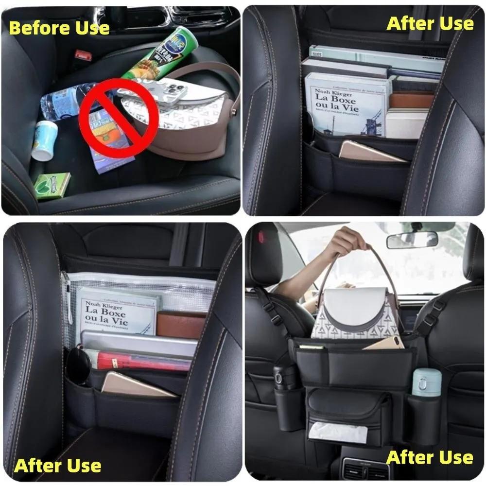 KJOY Luxury Car Seat Middle Hanger Storage Bag with Handbag Holder Tissue & Water Cup Pockets Auto Organizer for Vehicle Seats