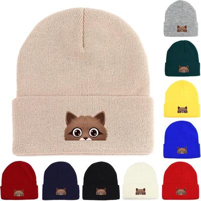 Peeping Cat Print Knitted Hat Beanie, Animal Woman Cap Lightweight Cancer Chemo Trendy Pompom Beanies Knit Cap Beanie