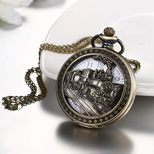 JEWELRYWE Antique Train Pendant Analog Pocket Watch Necklace for Men, Perfect for Coming-of-Age Ceremonies, Birthdays, Anniversaries, and Christmas. B