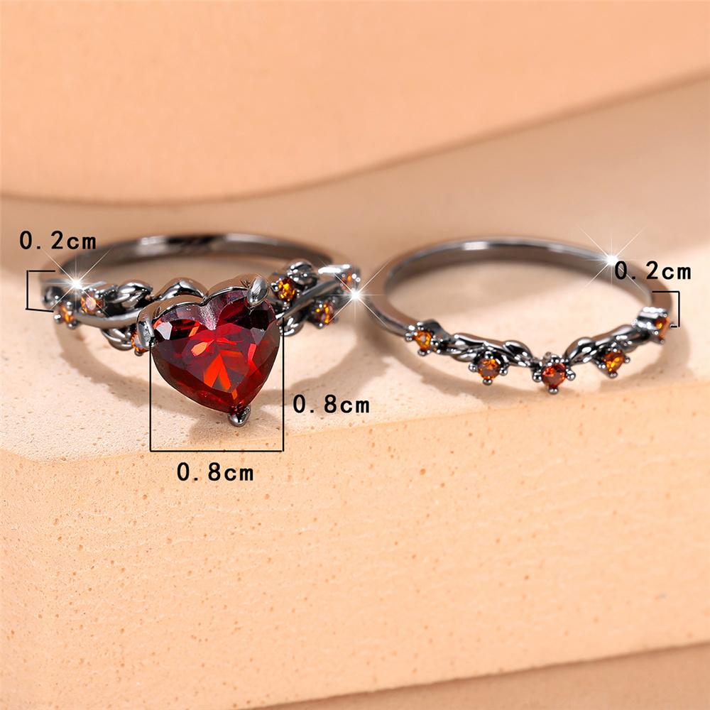 Crystal Female Red Zircon Love Heart Ring Set Fashion Vintage Black Gold Color Bridal Wedding Engagement Jewelry For Women