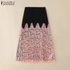 ZANZEA Women Elastic Waist Front Lace Patchwork Casual Pleated Skirts