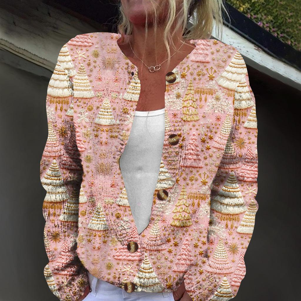 Women's Fashion Christmas Print Long Sleeve Knitted Cardigan Button Jacket