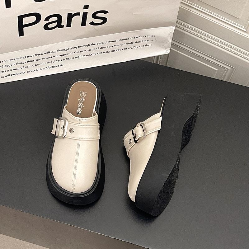 French belt buckle non-slip bag head half slippers women's 2025 new summer heightened thick bottom outer wear one pedal sandals tide