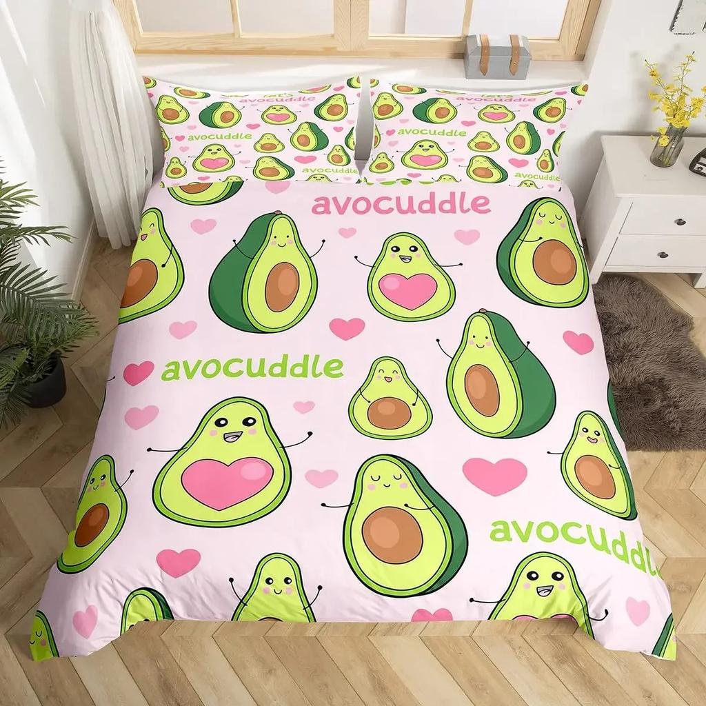 Fruit Duvet Cover Collection Cute Cartoon Avocado Decor 3 Piece Bedding Collection With 2 Pillow Shams Queen King Full Size Paprika Green