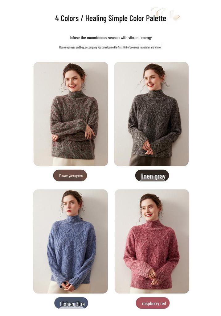 Elegant Goddess Floral Cashmere Sweater - 2025 Autumn/Winter Women's Half-High Neck, Diamond Pattern Knit