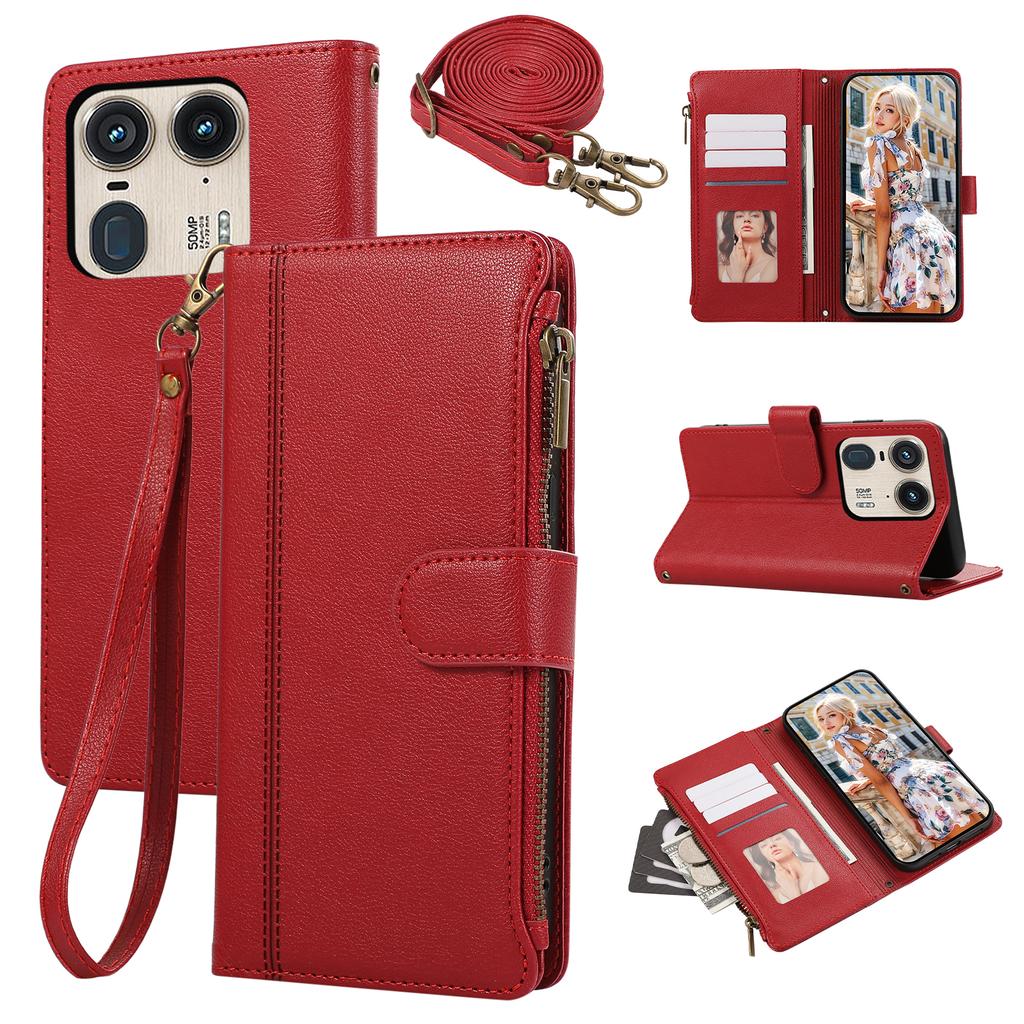 Für Motorola Edge 50 Ultra 5G/Moto X50 Ultra 5G Hülle Mehrere Kartenfächer Reißverschluss Leder Handyhülle mit Schultergurt/Handschlaufe