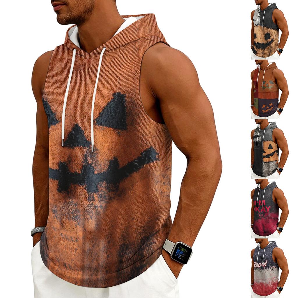 Men's Halloween Printed Hooded Sleeveless Drawstring Vest Casual Top