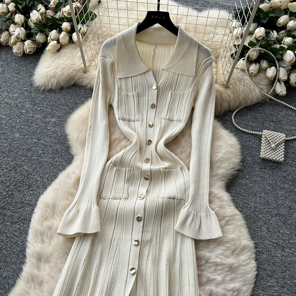 Toamnă Primăvară Femei Rochii de Petrecere de Pe Catwalk Mânecă Largă Pulover Tricotat Nasturi Unici Rochie Lungă Maxi Tip Sirenă