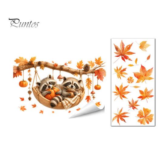 Seasonal Window Films 2Pcs Fall Maple Leaves Animals Static Stickers, Autumn Squirrel/Hedgehog/Rabbit/Raccoon Glass Removable Decor PVC Waterproof
