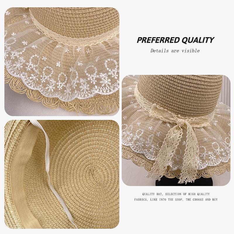 Summer Outdoor Vacation Sunshade Sunscreen Versatile Lace Straw Hat Woman