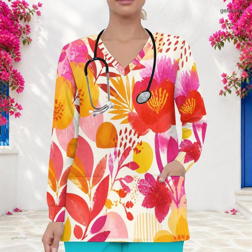 Aquarell-Blumenprint V-Ausschnitt Langarm Damen Krankenschwester Arbeitskittel Weich Atmungsaktiv Medizinische Gesundheitsversorgung Arbeitsbluse Mit Taschen