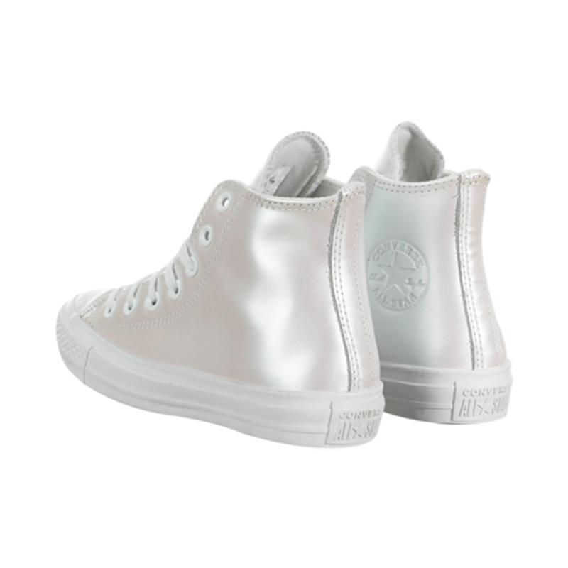 Converse Chuck Taylor All Star Iridescent Leather Non-slip and Abrasion Resistant High-Top Board Shoes Women's Silver White