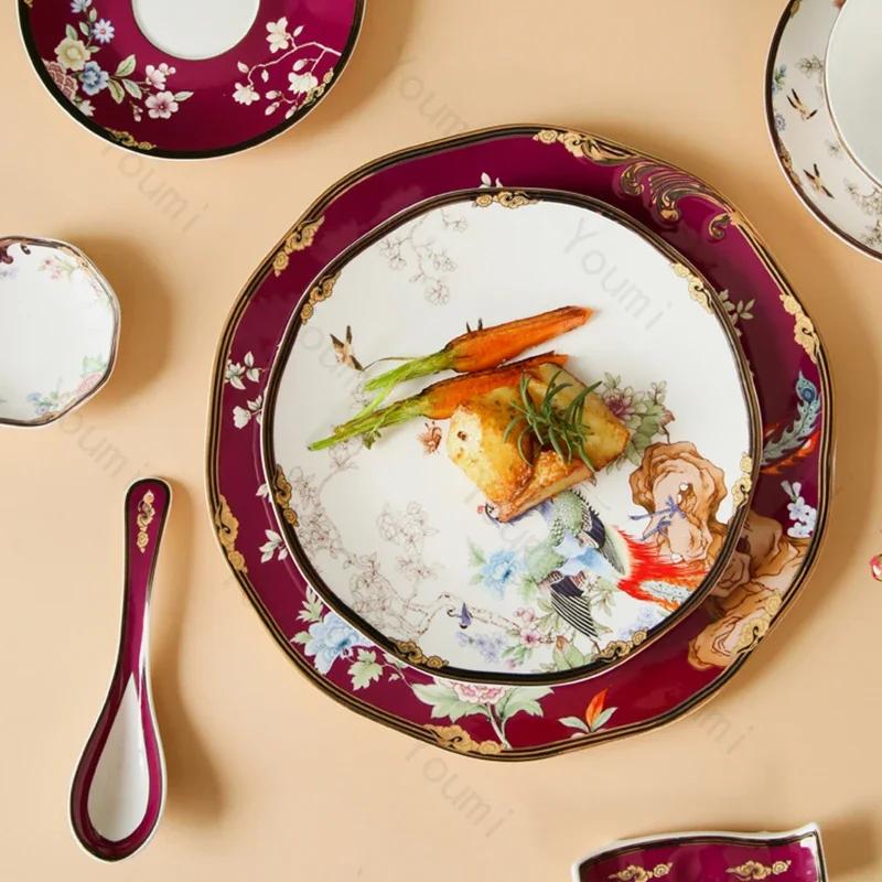 Light Luxury Ceramic Plate White Bird Blessing Style Western Dining Plate High End Tableware Set Salad Dishes Serving Tray