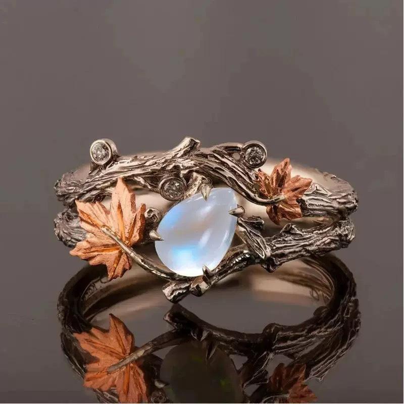 Retro Fashion Maple Leaf Water Drop Opal Stone Rings for Women Charm Luxury Finder Aesthetic jewelry Wedding Anniversary Gift