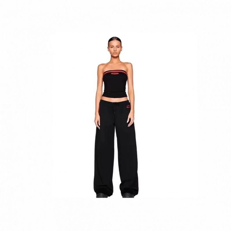 Iamgia American Style Gyaru Style Black Red Patchwork Contrast Color Retro Sports Set Women Tube Top Top Straight Wide Leg