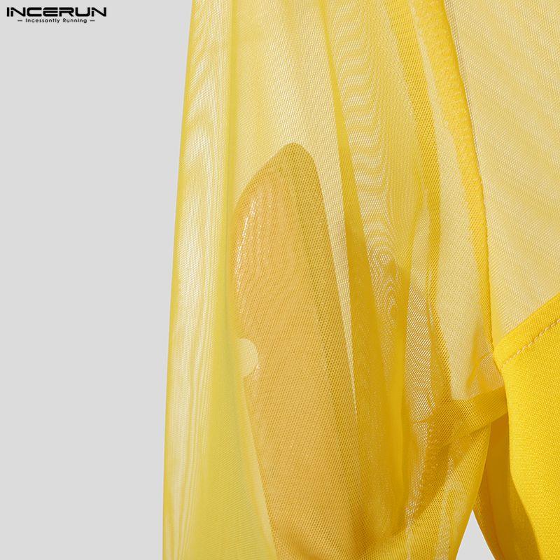 INCERUN Summer Men O Neck Short Sleeve Mesh See Through Patchwork T-shirts Tops