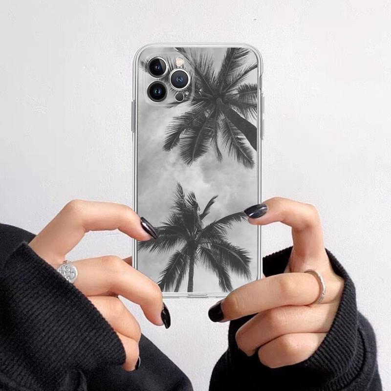 Black white palm leaves palm trees Phone Case For iPhone 14 13 12 11 Pro Max XS X XR SE 2020 6 7 8 Plus Mini Transparent Shell
