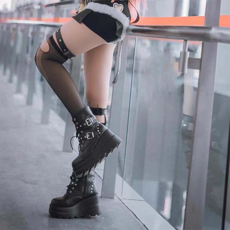 Fashion Autumn Winter Women's PU Leather Ankle Boots Punk Style Motorcycle Platform Boots Women Thick Bottom Black Gothic Lolita Shoes