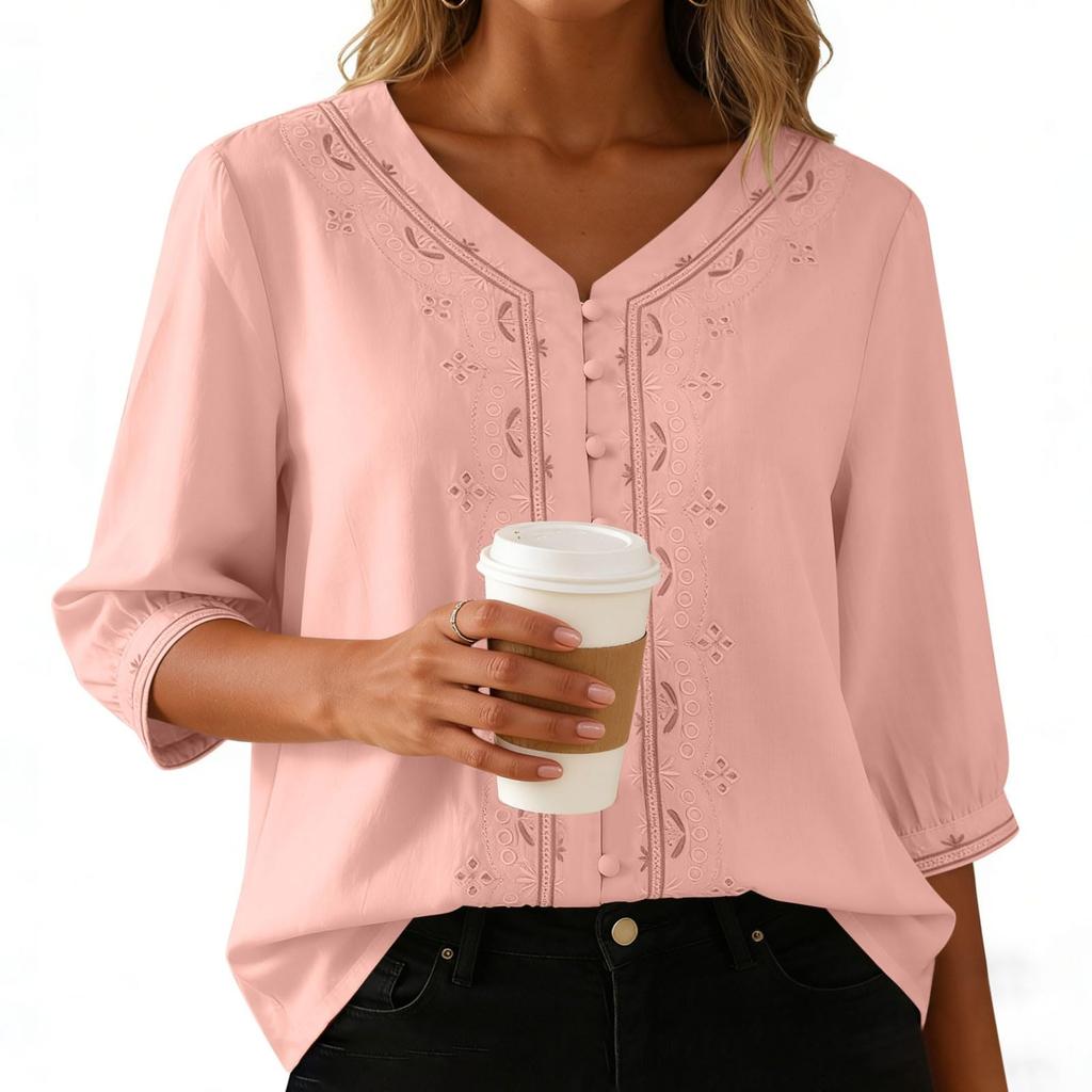 Hauts pour femmes en coton et lin Hauts Rétro à Boutons Chinois Manches 3/4 Col en V Chemises