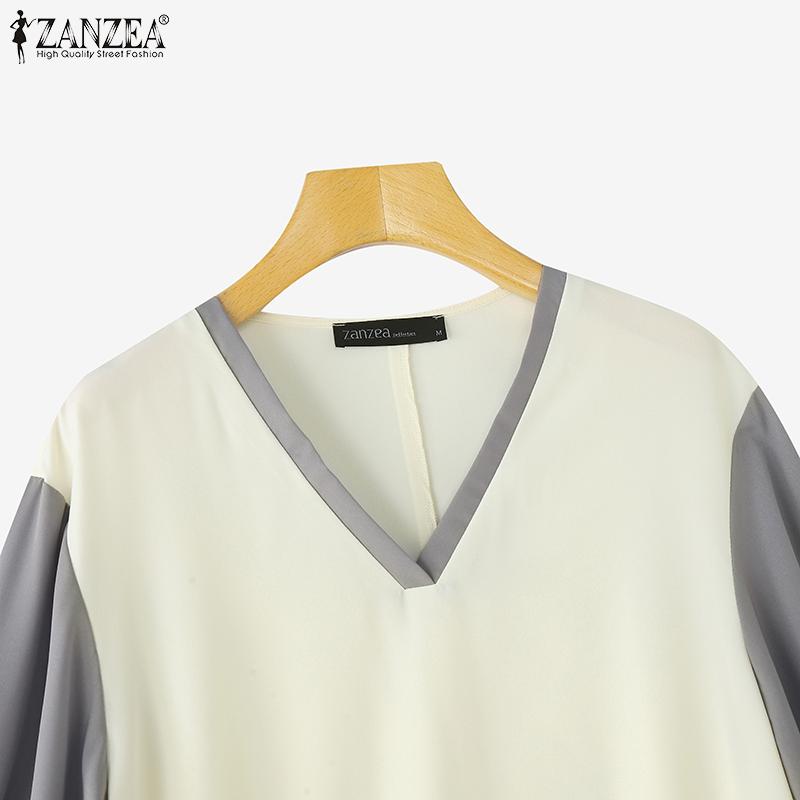 ZANZEA Women Casual V-Neck Splice 3/4 Sleeve Loose Blouse