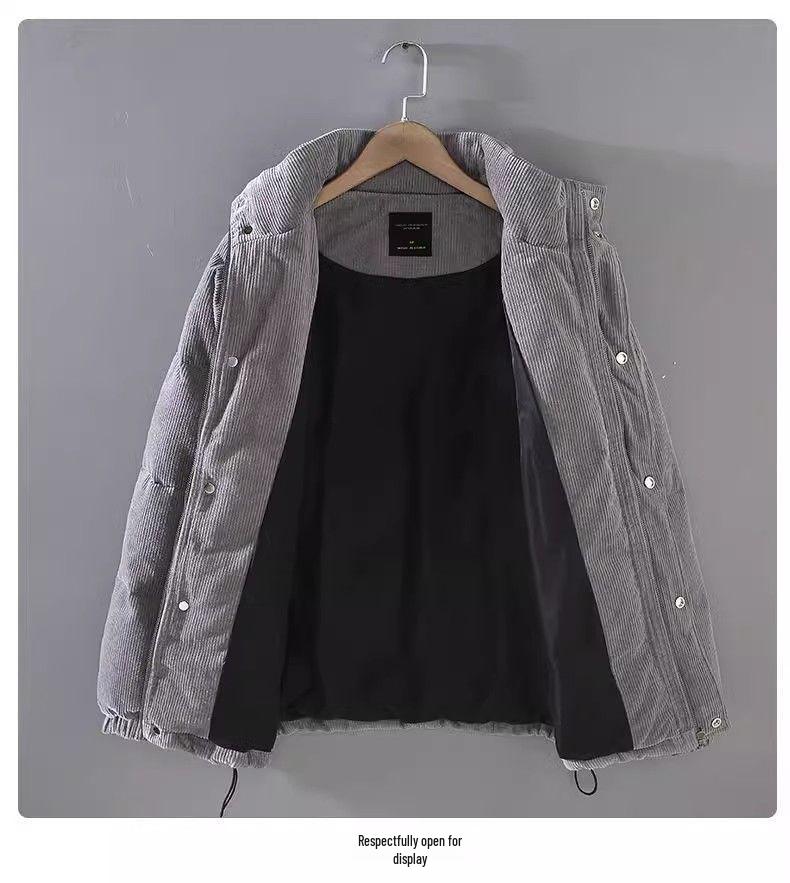 Men's Solid Color Retro Corduroy Down Jacket - Stand-up Collar Warm Cotton-padded Outerwear