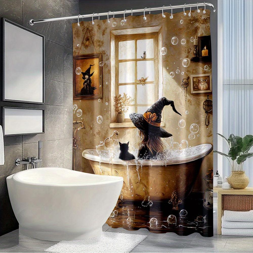 1pc Witch and Cat Bathtub Scene Shower Curtain - Mysterious Halloween Theme with Magical Elements, Polyester Material