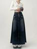 Women's Plus Size High Waist A-line Mid-length Denim Skirt - American Retro Style, Autumn Wear, Raw Edge, Flattering Fit