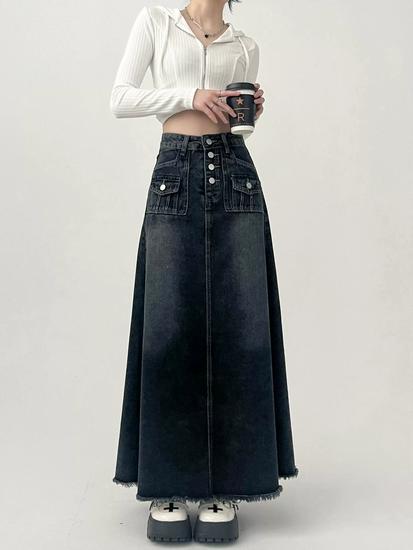 Women's Plus Size High Waist A-line Mid-length Denim Skirt - American Retro Style, Autumn Wear, Raw Edge, Flattering Fit