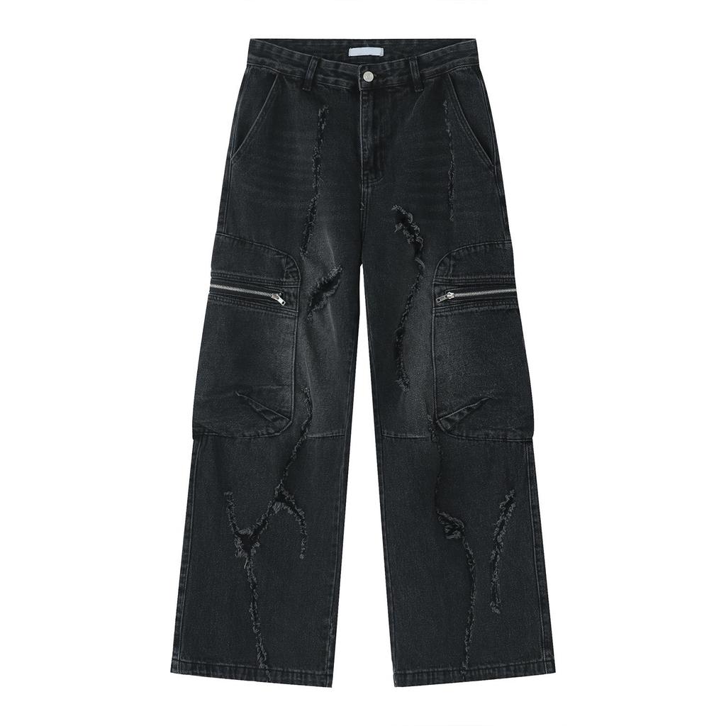 Jeans holgados con cremallera para primavera y otoño, estilo hip-hop workwear, con bolsillos grandes y corte de pierna ancha y tiro medio