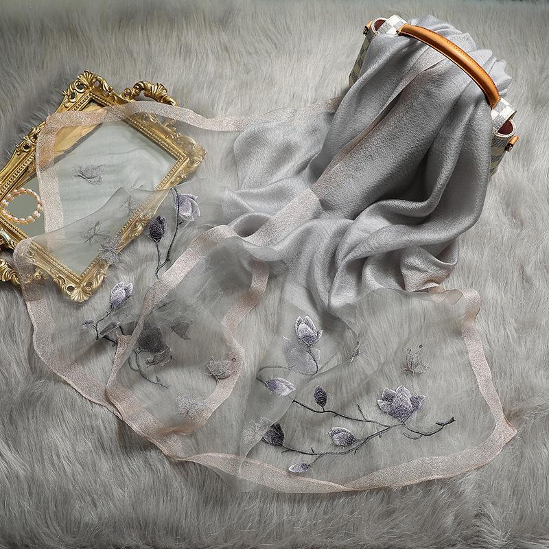Floral Embroidery Real Silk Wool Scarf For Women Winter Scarves Shawls Hijab Wraps Pashmina Bandana Foulard