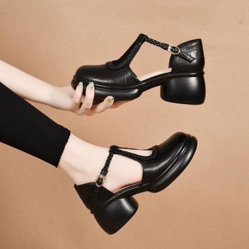 Baotou Sandals Women's Summer New Stone Pattern Woven Round Head Thick Heel Comfortable Versatile High Heel Single Shoes