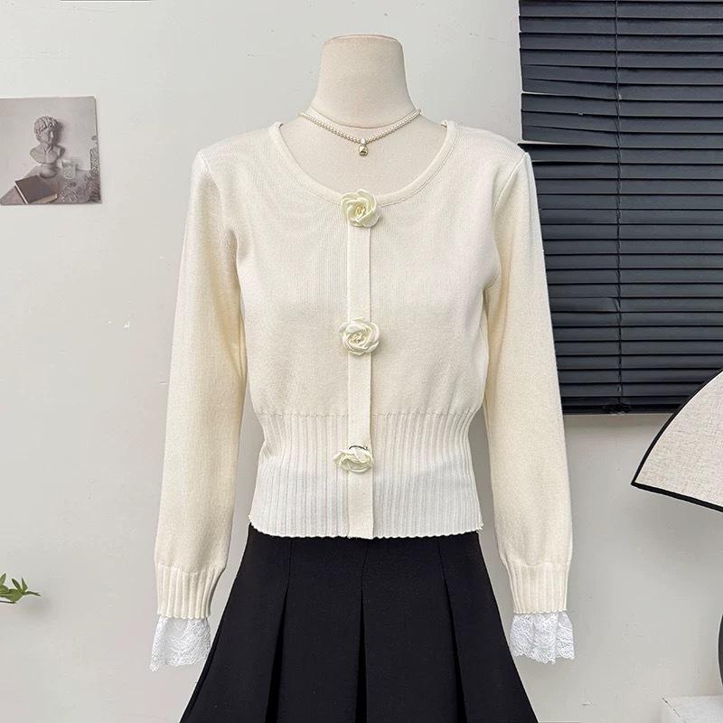 French Floral Lace Patchwork Waist Slimming Versatile Base Layer Knit Top Cropped Sweater Women