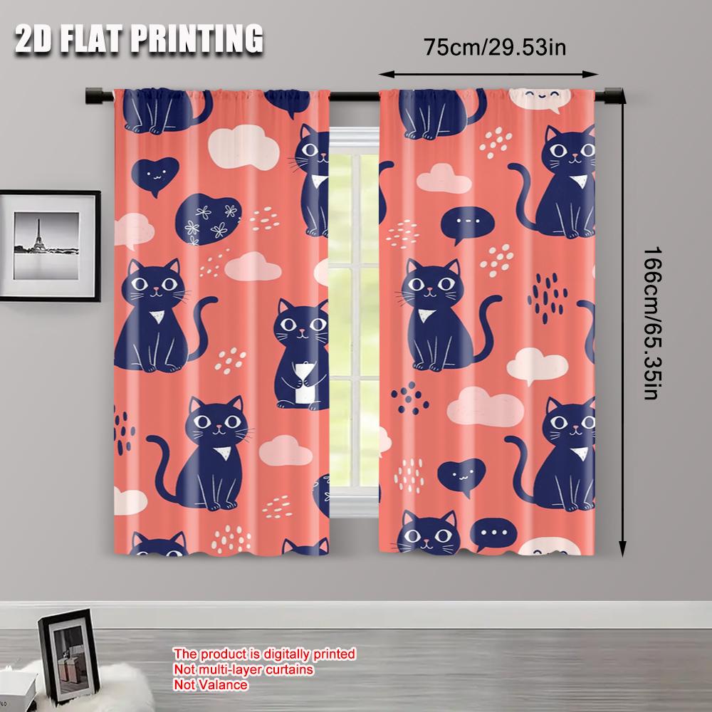 Set Of 2 Spring Summer Curtains Cute Cat Semi Versatile Durable Polyester Decorations Inside Use Digital Curtain With Light Filtering
