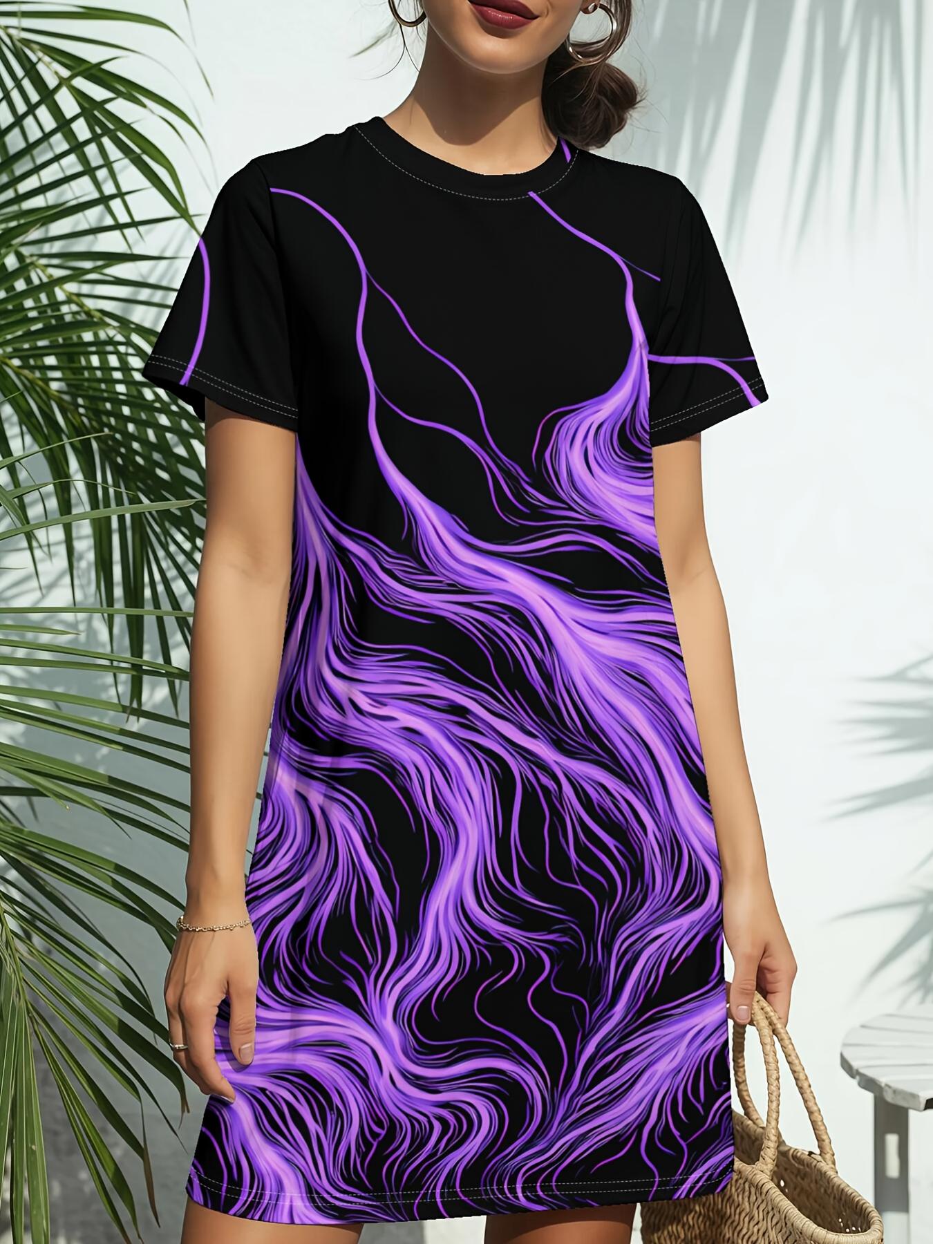 

Purple Lightning Bold PrintNew Women s Round Neck Short Sleeve T-Shirt Dress. American Style Trend Digital Printing. Casual and Versatile for Spring a XS дубильная кора