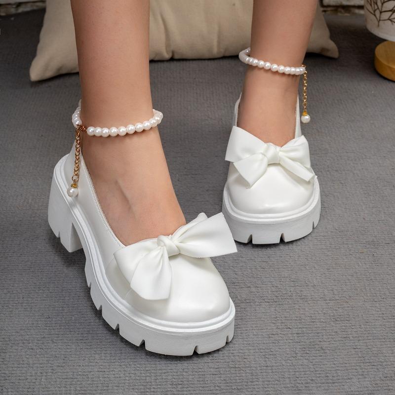 Fashion Bow Block Heel Single Shoes Women's Autumn New Round Toe Shallow Mouth Beaded Platform Non-Slip Heels