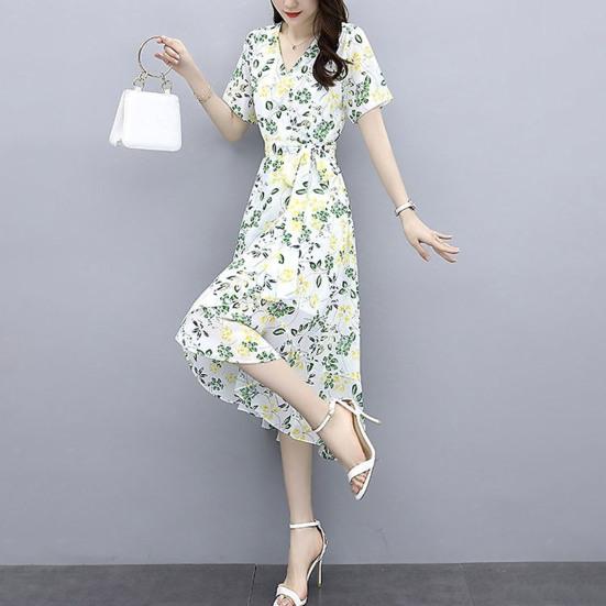Květinové šaty pro ženy Výstřih do V Krátký rukáv Splývavé Zavinovací Midi šaty Volány Nepravidelný lem Áčkový střih Plážové Prázdninové šaty